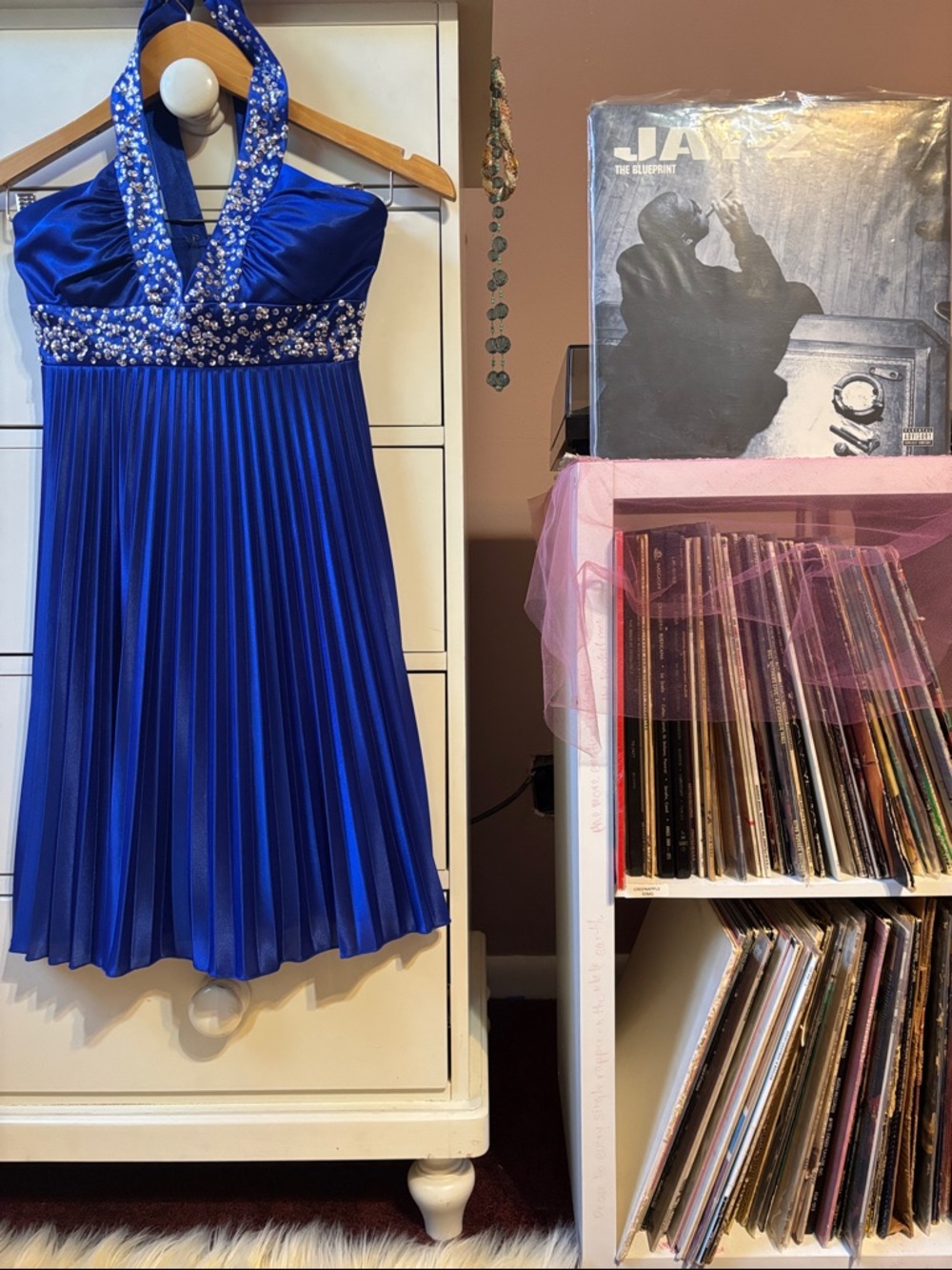 Y2K Vintage Mini Dress Party Homecoming Dance Blue Sequin Halter Short Babydoll